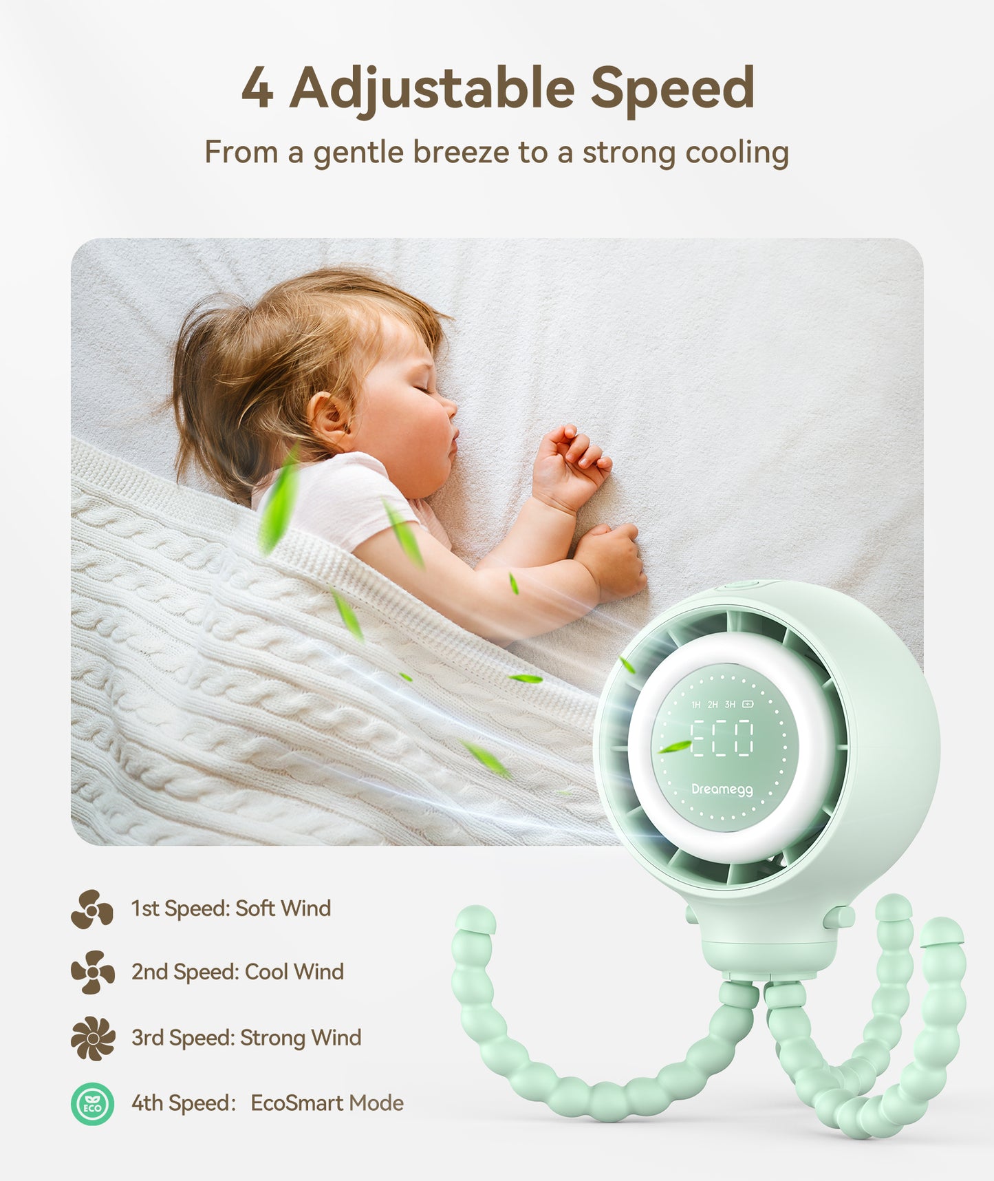 dreamegg portable fan cooling stroller fan for baby, 4000mah usb rechargeable for travel